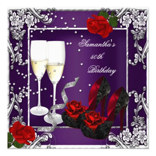 50th Birthday Party Purple Red Rose Silver Custom Invitations