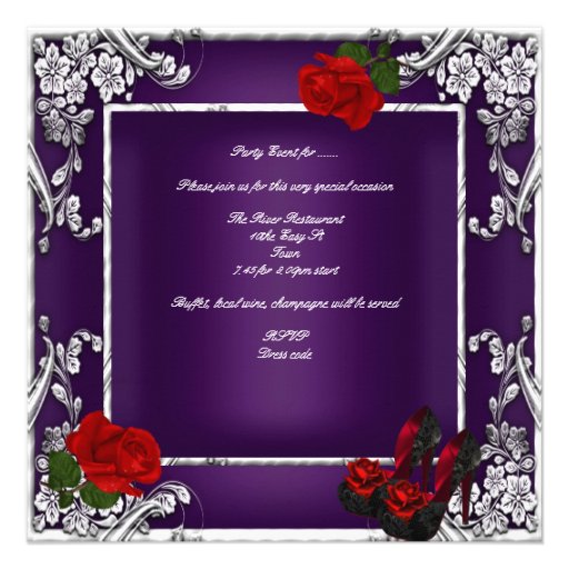 50th Birthday Party Purple Red Rose Silver Custom Invitations