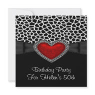 50th Birthday Party Red Heart Jewel Giraffe Black invitation