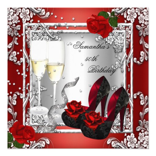 50th Birthday Party Red Rose Silver Custom Invites