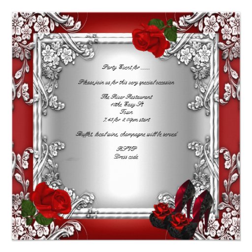 50th Birthday Party Red Rose Silver Custom Invites
