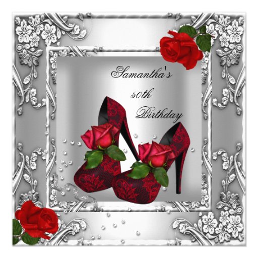 50th Birthday Party Red Rose Silver Personalized Invitations