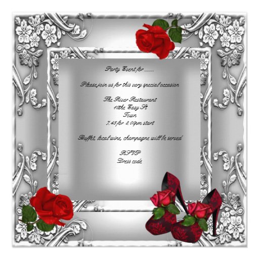 50th Birthday Party Red Rose Silver Personalized Invitations