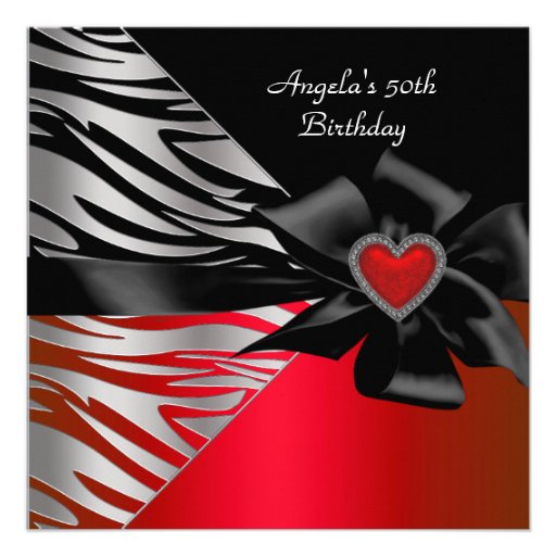 50th Birthday Party Red Silver Zebra Black White Custom Invite