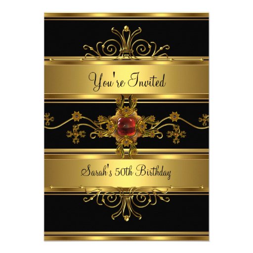 50th Birthday Party Rich Gold Black Red Jewel Custom Invites