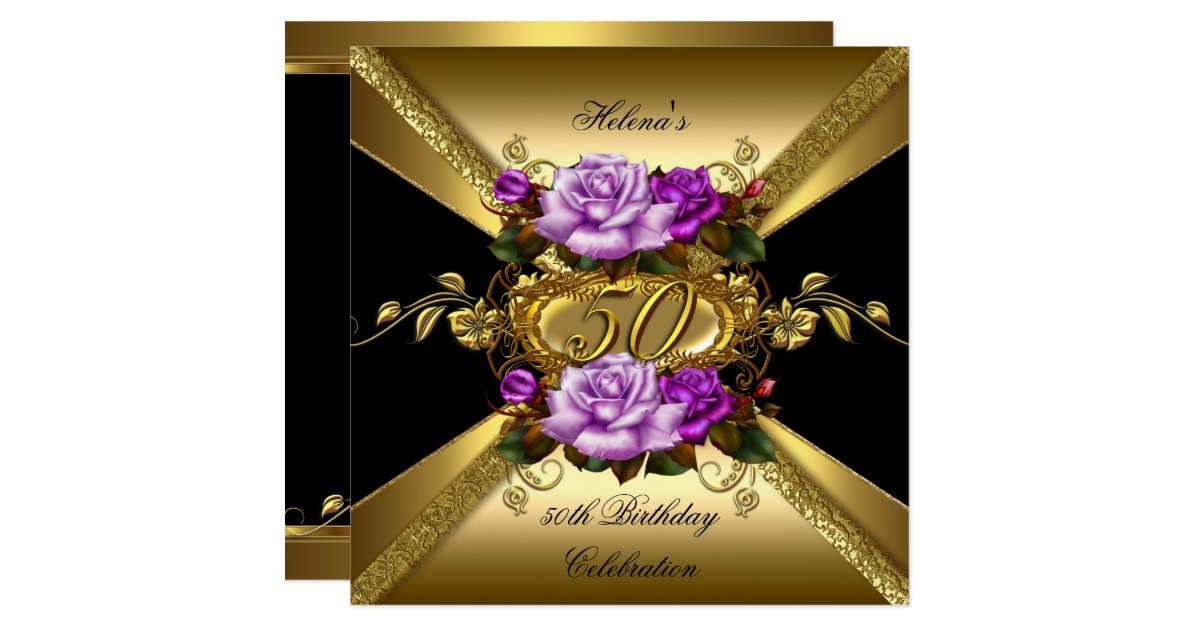 50th Birthday Party Roses Purple Gold Black Card Zazzle