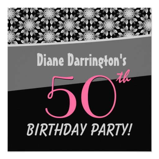 50th Birthday Party Silver and Black Floral W288 Personalized Invite