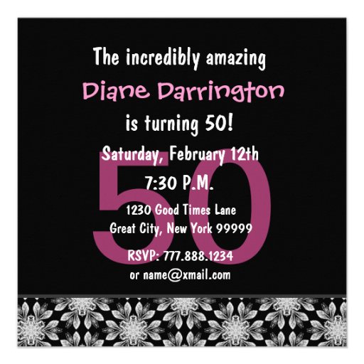 50th Birthday Party Silver and Black Floral W288 Personalized Invite