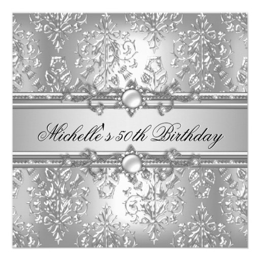 50th Birthday Party Silver Pearl Jewel Damask Custom Invitations