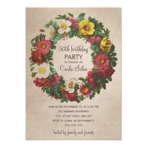 50th Birthday Party Women Vintage Floral Wreath Invite