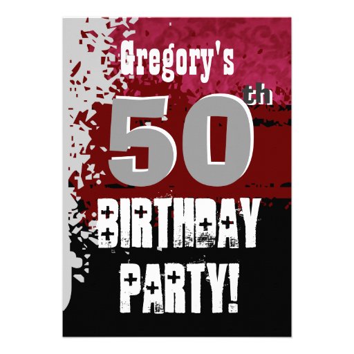 50th Birthday Red and Black Grunge Custom Name Invitation