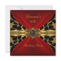 50th Birthday Red Gold Black Damask Floral Jewel Custom Invites