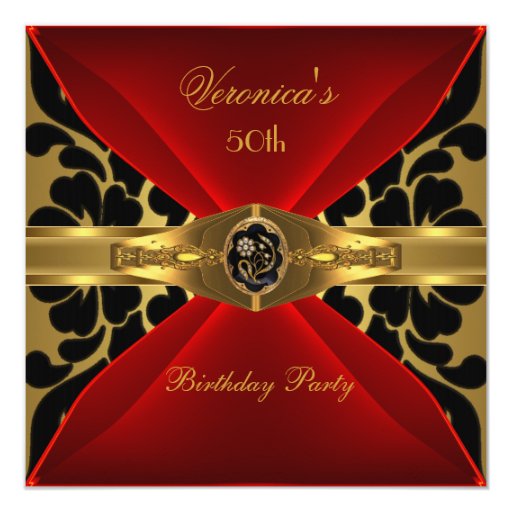 50th Birthday Red Gold Black Damask Floral Jewel Custom Invites (front side)