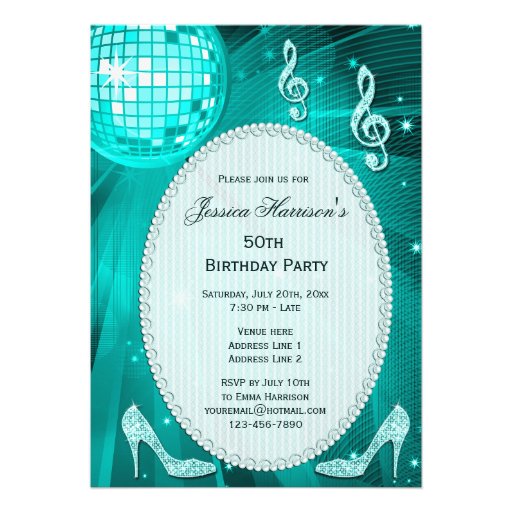 50th Birthday Sparkle Heels and Teal Disco Ball Custom Invites