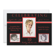 50th Birthday Tri Photo Invitations Black & Red invitation