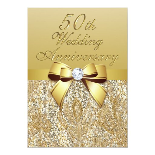 50th Gold Wedding Anniversary Faux Bow Sequins Card Zazzle