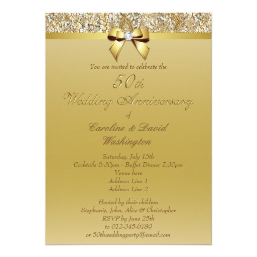 50th Gold Wedding Anniversary Faux Sequins and Bow Custom Invite