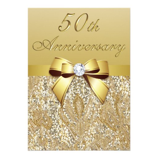 50th Gold Wedding Anniversary Faux Sequins and Bow Custom Invite (front side)
