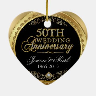 50th Gold Wedding Anniversary Double-Sided Heart Ceramic Christmas Ornament