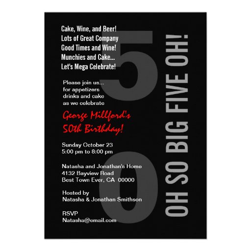 50th Modern Birthday Black White Red FIVE OH! W815 Invitations