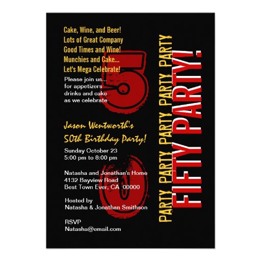 50th Modern Birthday Red Gold Black Grunge Personalized Announcement