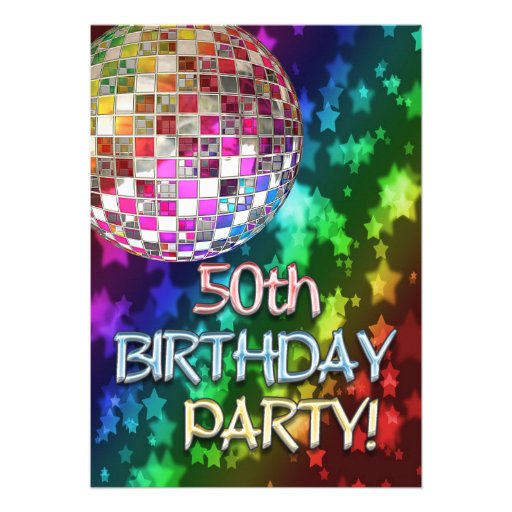 50th party with disco ball and rainbow of stars personalized announcements