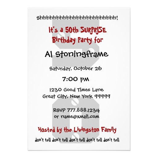 50th SURPRISE Birthday Black Red White B471 Personalized Announcement