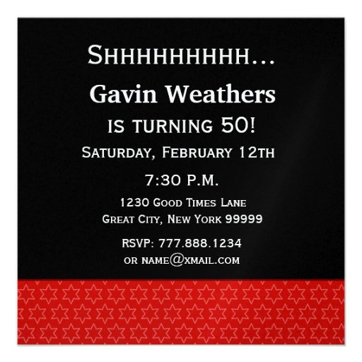 50th Surprise Birthday Black Red White Stars R231 Invitations