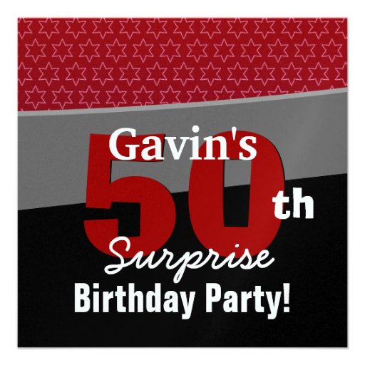 50th Surprise Birthday Black Red White Stars R231 Invitations