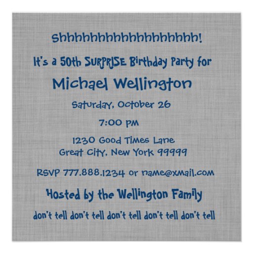 50th SURPRISE Birthday Party GRAY BLUE V19 Custom Announcement