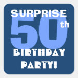 50th SURPRISE Birthday Party Navy and Aqua Blue Square Sticker