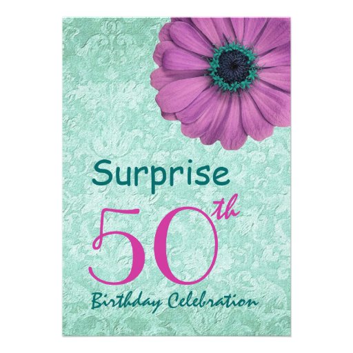 50th SURPRISE Birthday Party Pink and Teal Daisy Announcements