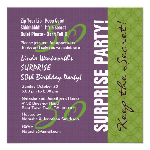 50th SURPRISE Birthday Purple and Green Pattern v2 Invites