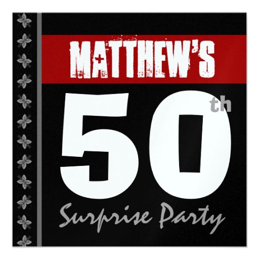 50th Surprise Birthday Red Black White Metallic Personalized Invites
