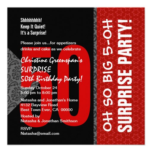 50th Surprise Diagonal Red Black and White Personalized Announcement