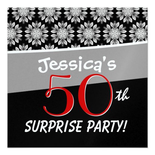 50th Surprise Party Black and White Flower Pattern Custom Invitation