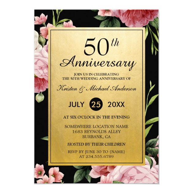50th Wedding Anniversary Black Gold Vintage Floral Card (front side)