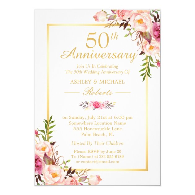50th Wedding Anniversary Elegant Chic Gold Floral Card (front side)