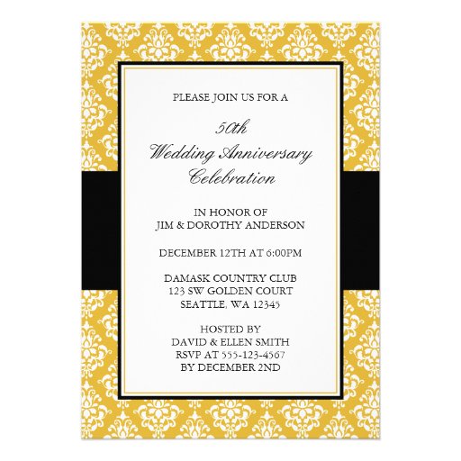 50th Wedding Anniversary Gold and Black Damask Personalized Invites (front side)