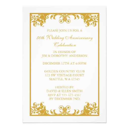 50th Wedding Anniversary Gold Flourish Scroll Invites (front side)