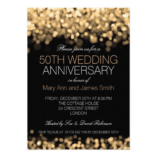 50th Wedding Anniversary Gold Lights Custom Invites