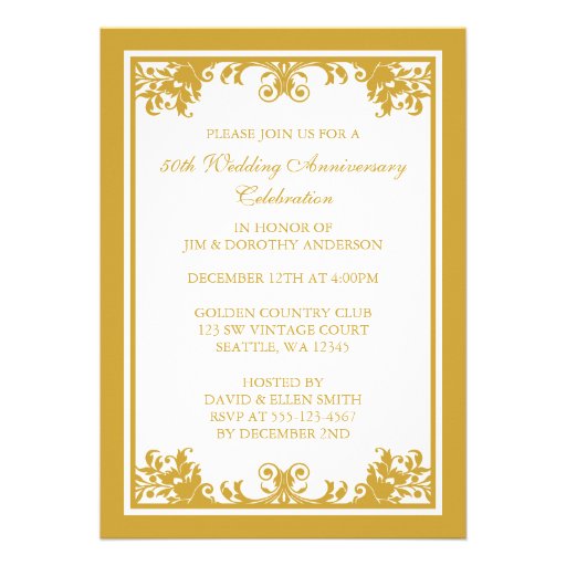 50th Wedding Anniversary Golden Flourish Scroll Personalized Invitation