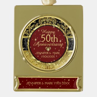 50th Wedding Anniversary-Red And Gold Gold Plated Banner Ornament