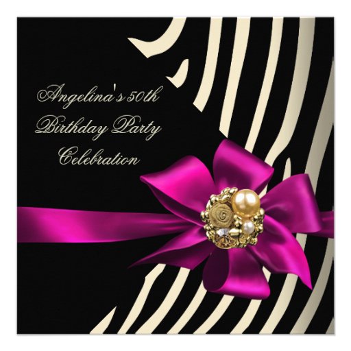 50th Zebra Pink Gold Cream Black Birthday Party Invite
