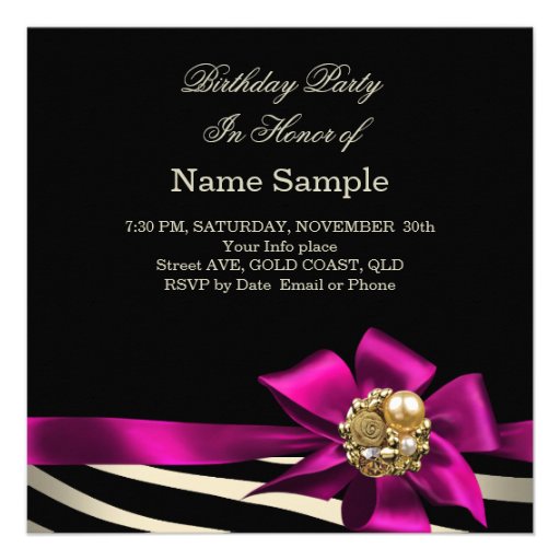 50th Zebra Pink Gold Cream Black Birthday Party Invite