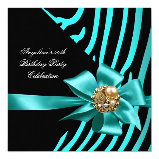 50th Zebra Teal Gold Black Elegant Birthday Party Invitations