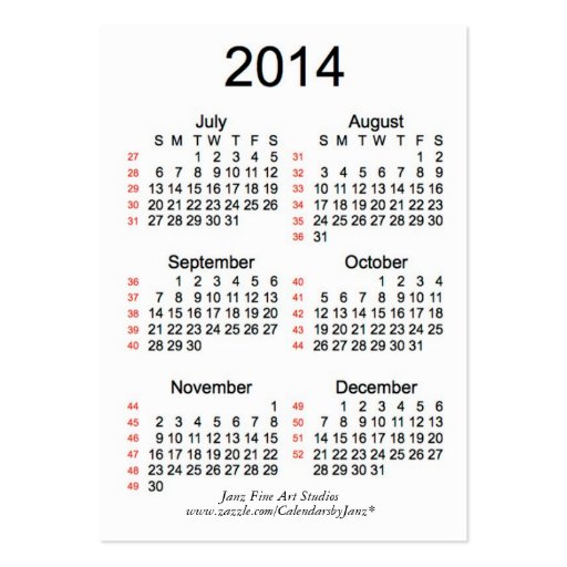 52 Week Calendar 2014 Business Cards (back side)