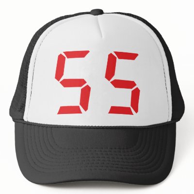55 fifty-fife red alarm clock digital number hat by Tomaniac