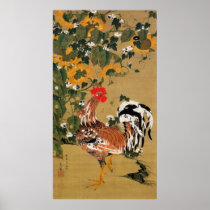 5. 向日葵雄鶏図, 若冲 Sunflower and Rooster, Jakuchū Print