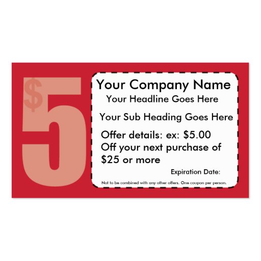 $5.00 Off Coupon Business Card (front side)